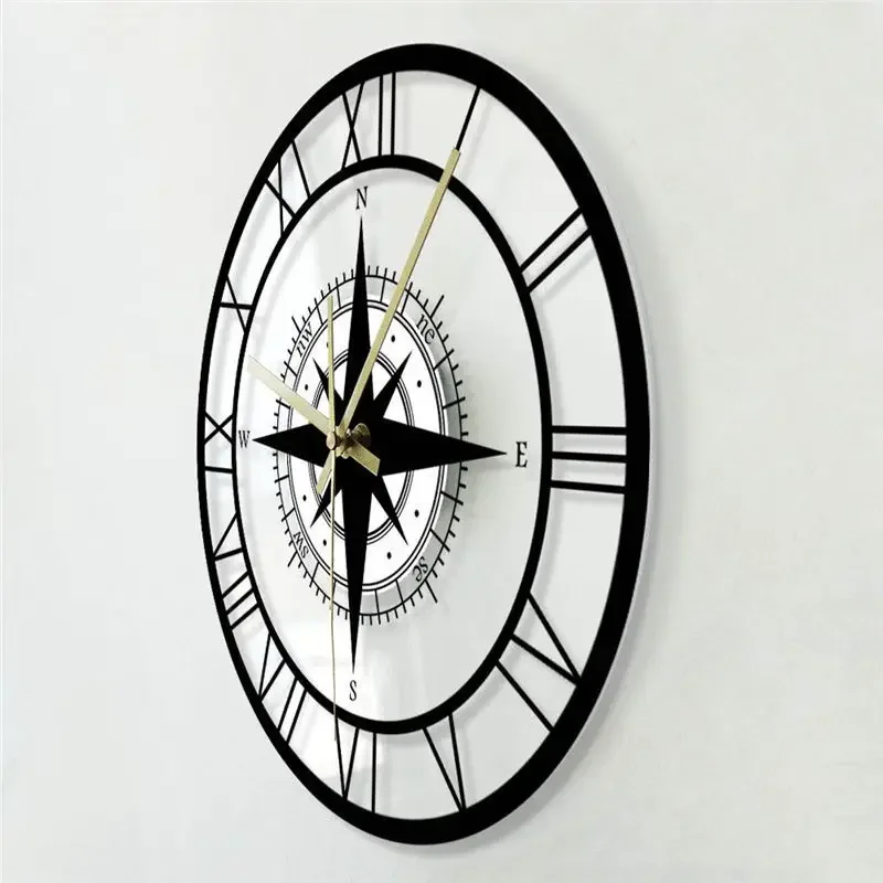 LED Hollow Wall Clock Black Compass Directional Chart Navigation Acrylic Decorative Wall Hanging Clock Watch Home Decoration