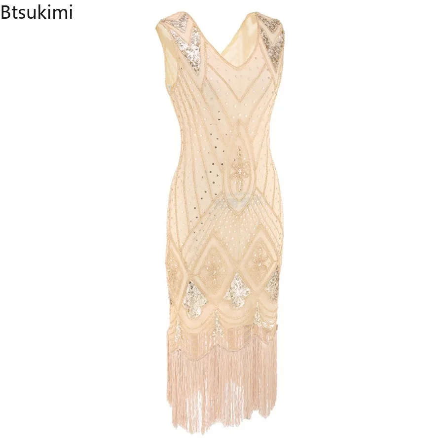 Women Retro 1920s Sequins Evening Gown Beaded Fringe V-Neck Low Waist Sleeveless Thin Slim Elegant DressFashion Dress Up Clothes