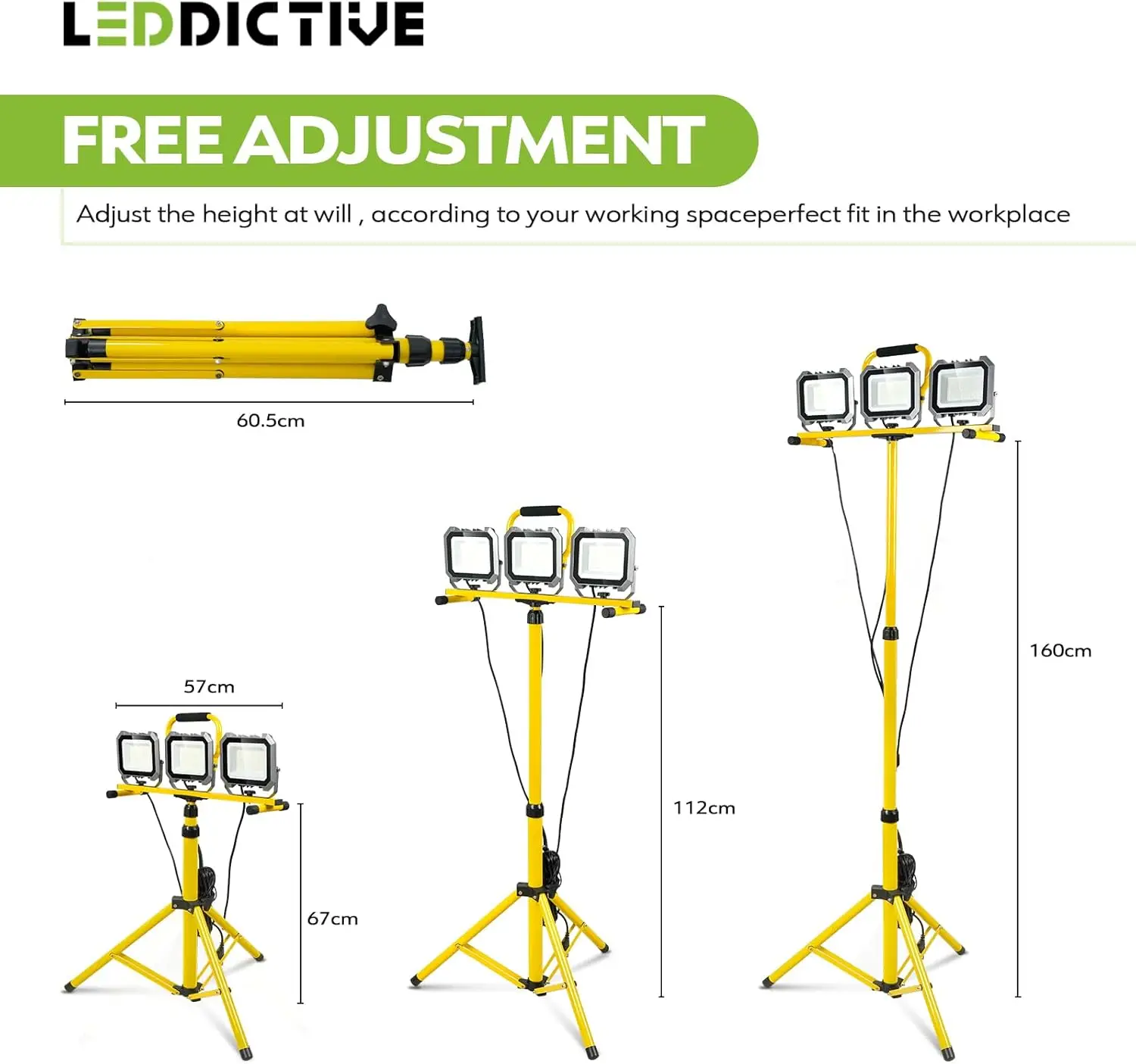 15000LM Work Lights with Stand, IP66 Waterproof 6000K LED Work Light with Foldable Tripod Stand, 3 Head Portable Work Light with