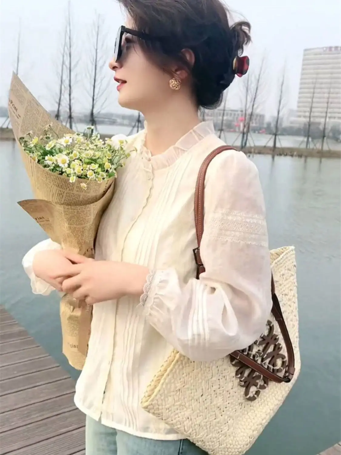 Shirt Lace Collar Long Sleeve Cotton Loose Summer Women Elegant Vintage Blouses Spring Female Womens Casual White Blouse New2024