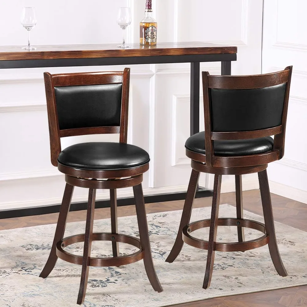 Bar Stools Set of 2, 360 Degree Swivel, Accent Wooden Swivel Seat Counter Height Bar Stool, Leather Upholstered Design