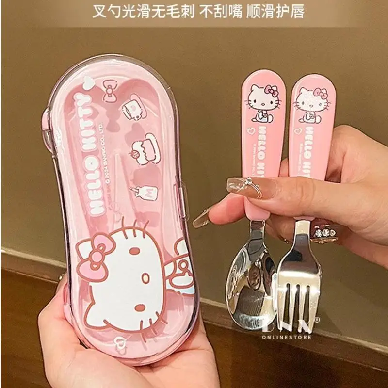 

Cute Sanrios Hello Kittys Kuromi My Melody Tableware Children Portable Tableware Spoon Fork Storage Box A Set Fashion Cartoon