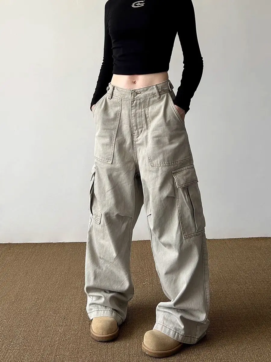 Women's Grey Pocket Cargo Baggy Jeans Y2K Japanese Harajuku Fashion High Waist 2000s Loose Wide Leg Retro Pants Jeans Clothing