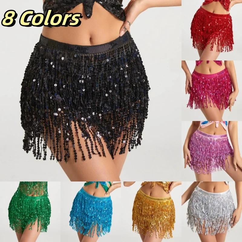 Sexy danza del vientre lentejuelas borla cadena cinturón Mini falda puesta en escena Club indio latino Hula bailarina envoltura playa cadera cintura bufanda