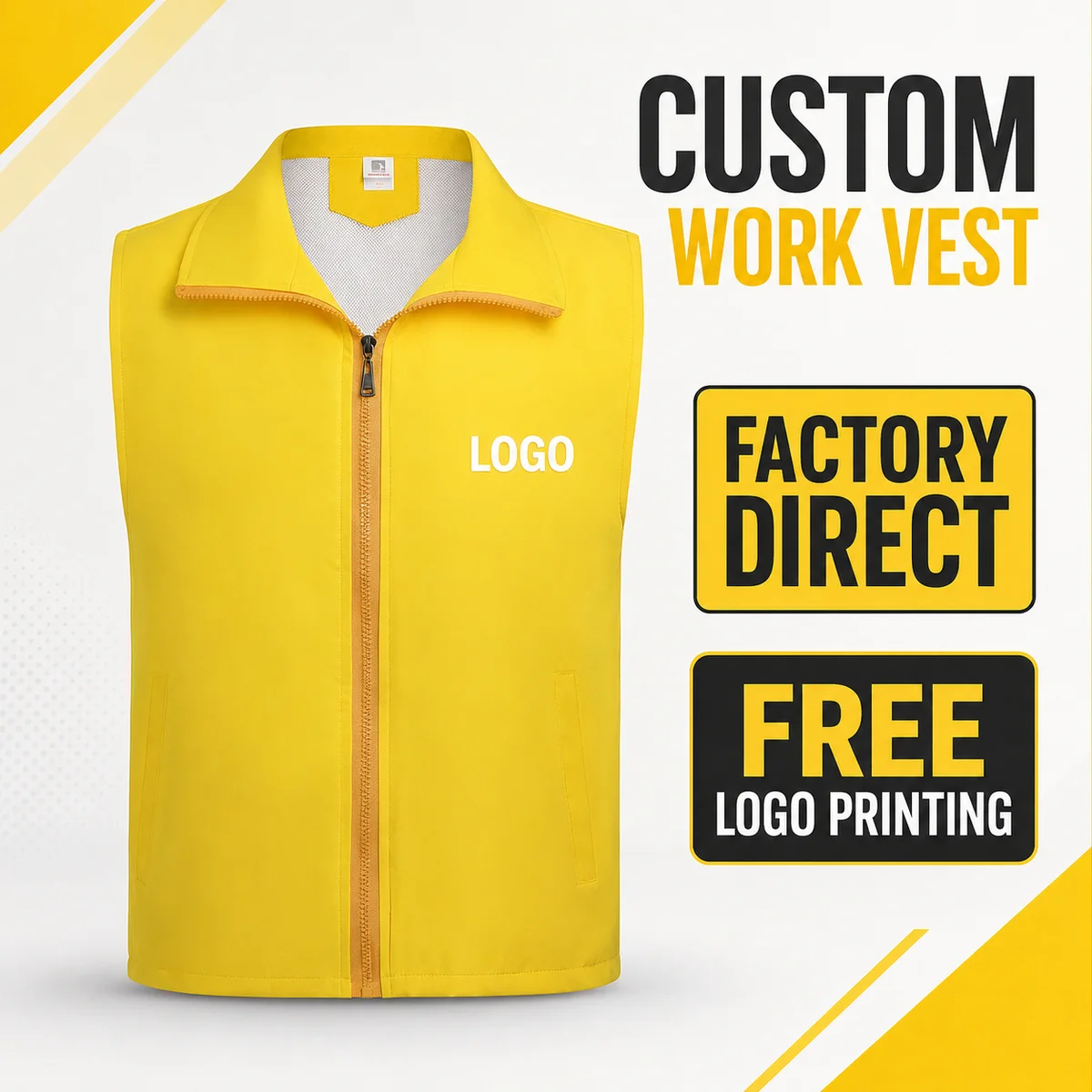 Safety vest for construction site workers' work clothes with breathable fabric and custom logo printing
