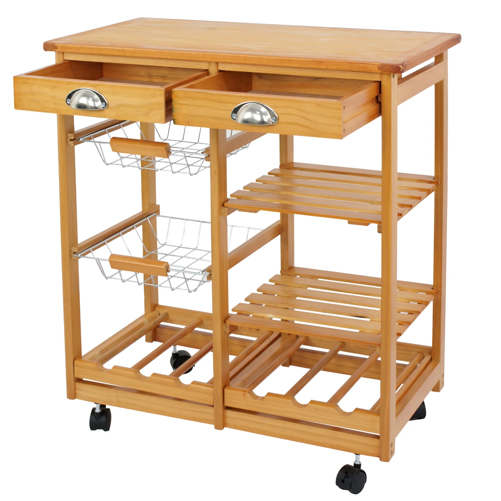 

Wood Kitchen Trolley Cart Rolling Dining Storage Stand 2 Baskets 2 Drawers Home
