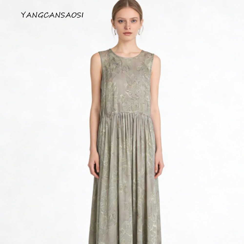 Damska odzież codzienna, sukienka typu tank top, luźna, w kształcie litery A, bez rękawów, z jedwabiu morwowego 100% naturalnego, z motywem kwiatowym, z efektem półprześwitu.