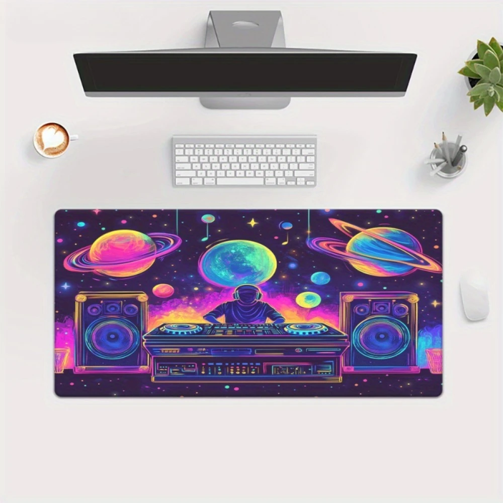 Tapis de souris lumineux sur le thème de l'espace avec motifs de platine DJ et de planètes, tapis de souris multifonctionnel, tapis de souris alfombrillas gaming