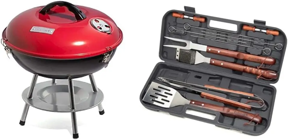 

14" Portable Charcoal BBQ Grill with 13-Piece Wooden Handle Tool Set in Red and Black