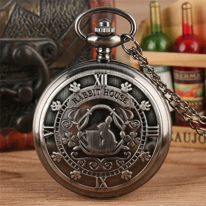 

Antique Black Rabbit House Design Full Hunter Quartz Analog Pocket Watch Long Necklace Sweater Chain Retro Timepiece Gift Clock