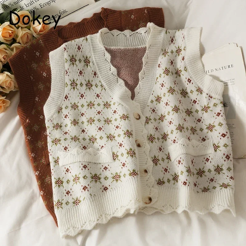 

Vintage Print Sweater Vest Women Korean Style V-Neck Sleeveless Knitted Cardigan Loose Outwear Female Waistcoat Casual Tank Top