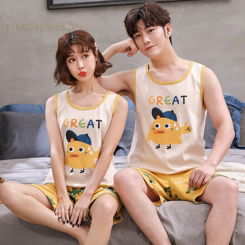 Summer 100% Cotton Cartoon Print Couple Pajama Set Pyjamas Kawaii Sleep Lounge Sleeveless Red Sleepwear Suits Pajamas for Lovers