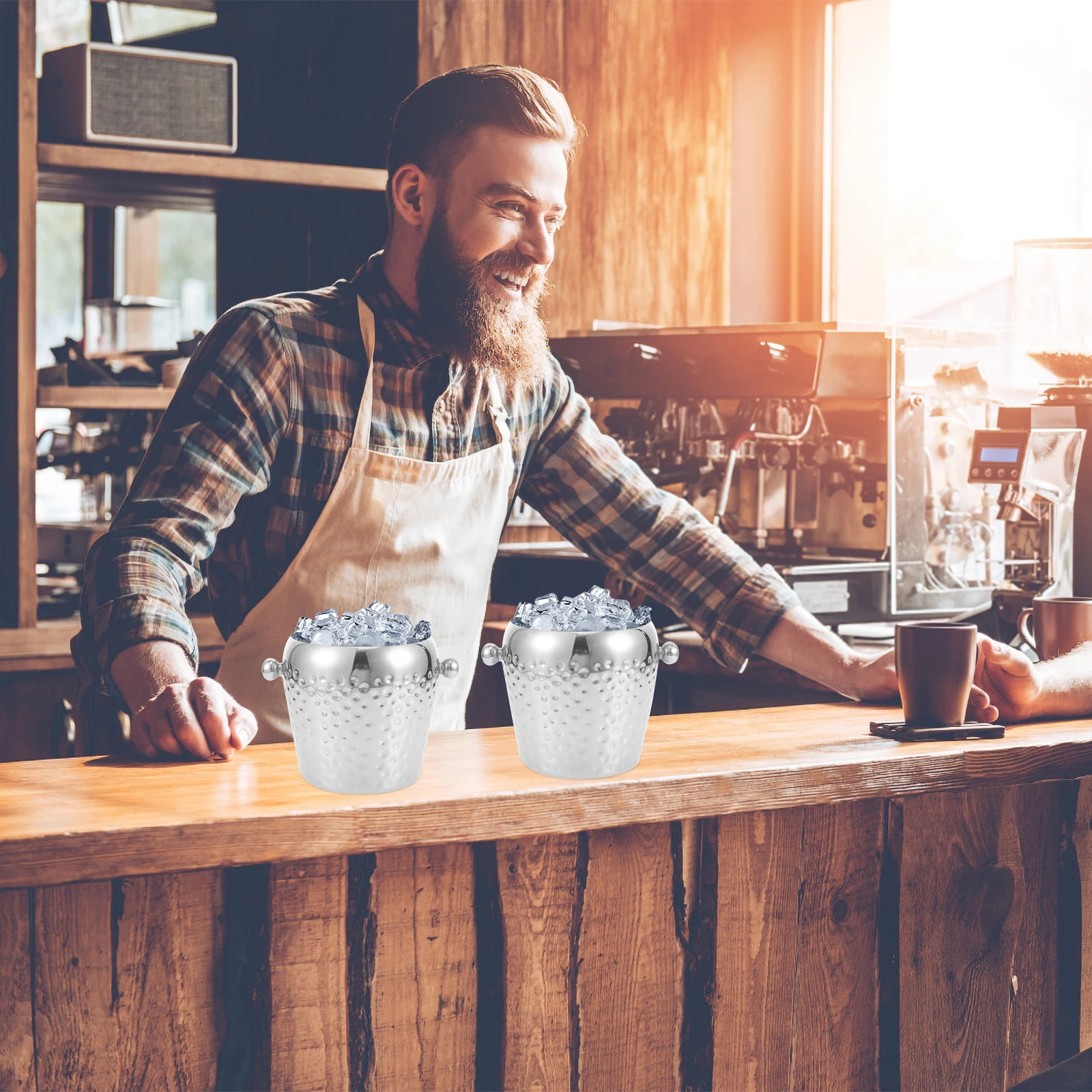 

Metal Ice Cube Bucket 1L Hammered Silver Cooler for Bars KTV Bottle Chill Stainless Steel Container Storage