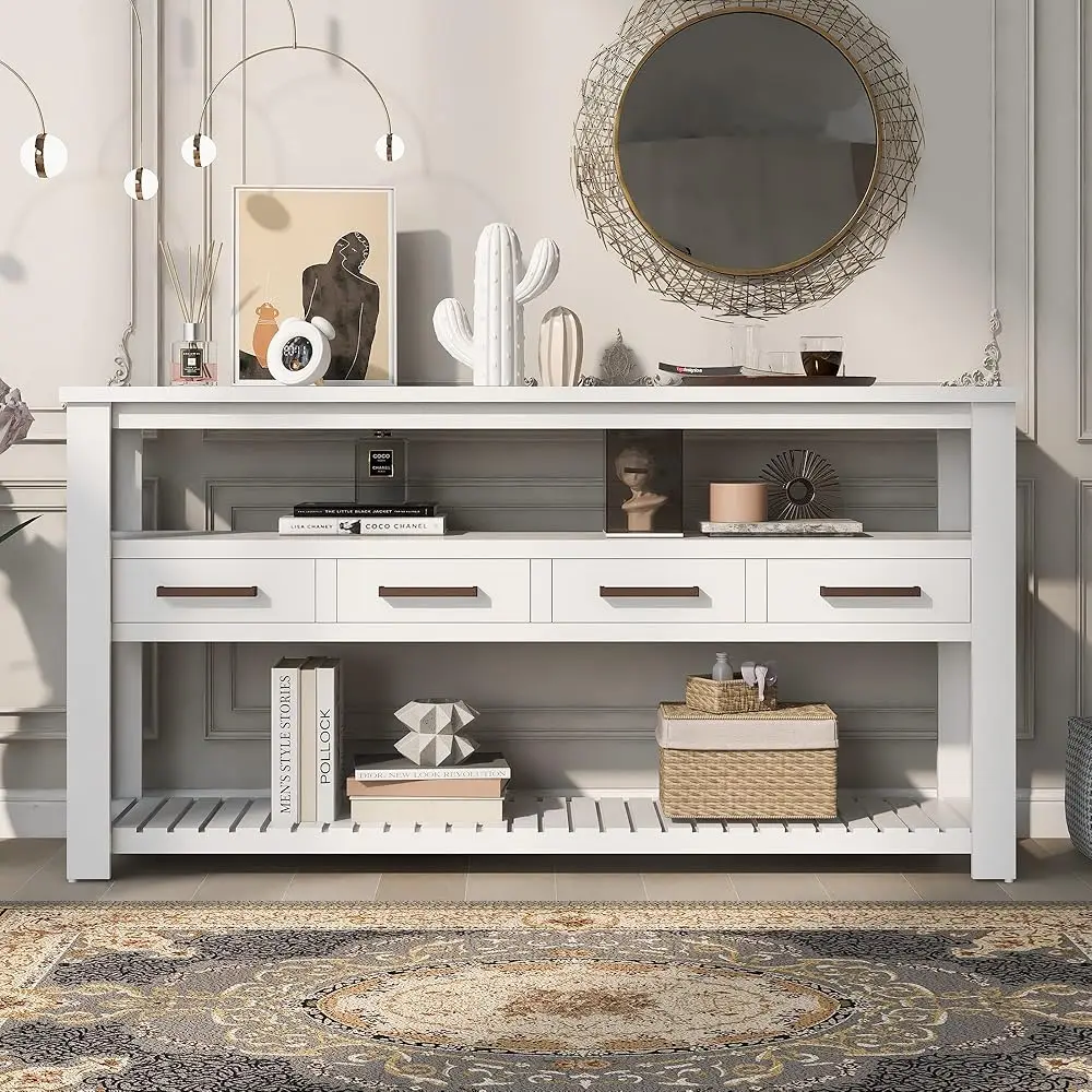 

Modern Console Table Sofa Table With 4 Drawers, Wooden Sideboard With 2 Shelves And Handles. Accent Table Furniture For