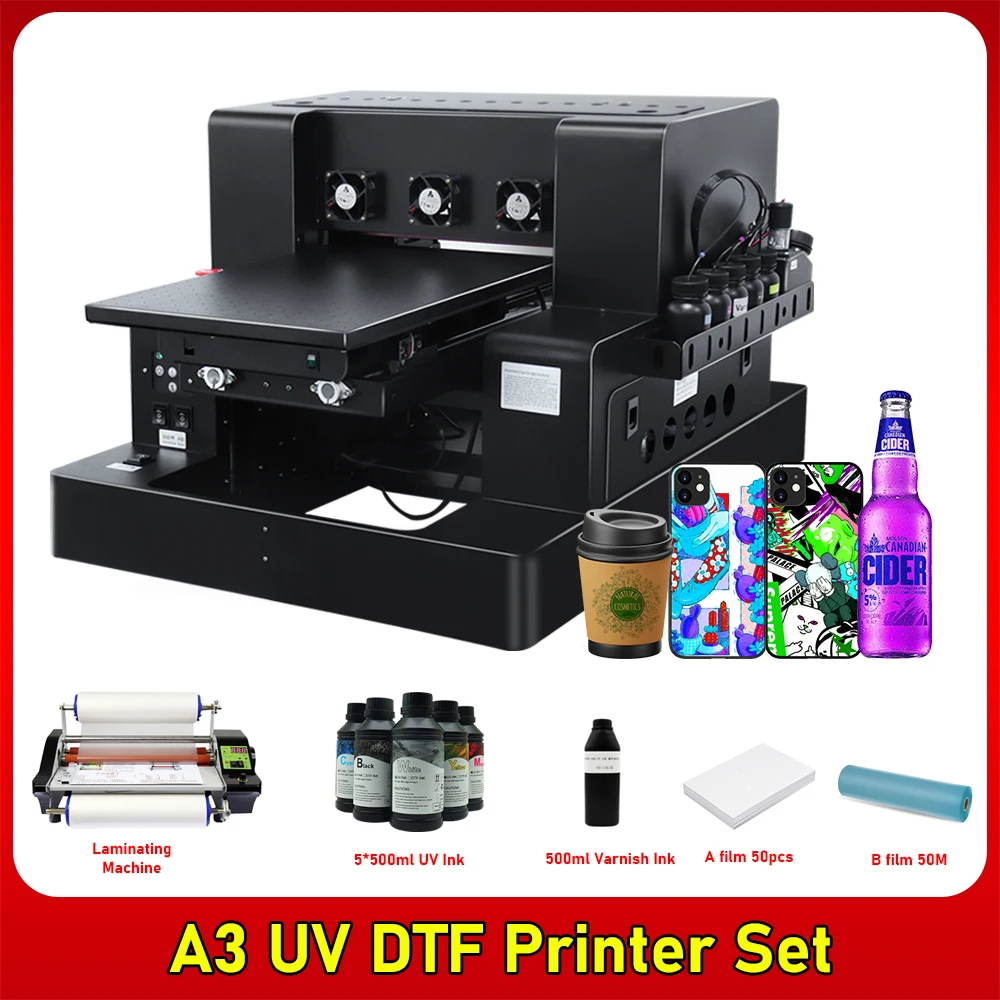 UV Flatbed Printer A3 Size UV Printer with Varnish for Sticker Phone Case Bottle Plastic Ceramic Acrylic Golf UV DTF Printer Kit