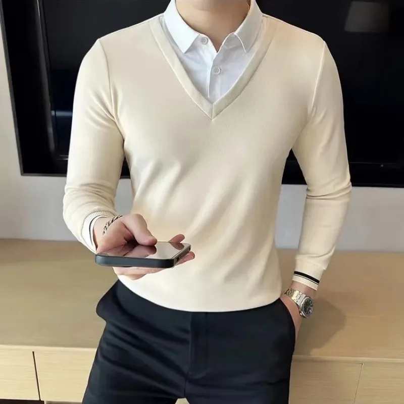 

Мужские бархатные осенне-зимние теплые футболки из двух частей с v-образным вырезом