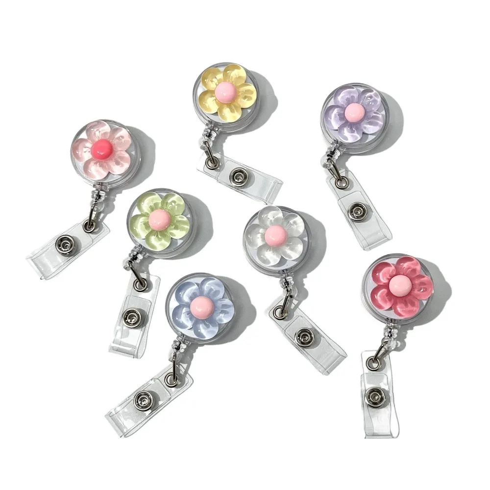 Cute Floral Badge Reel Retractable Transparent Worker ID Card Pull Buckle Doctore Nurse Durable ID Card Badge Holder Clip
