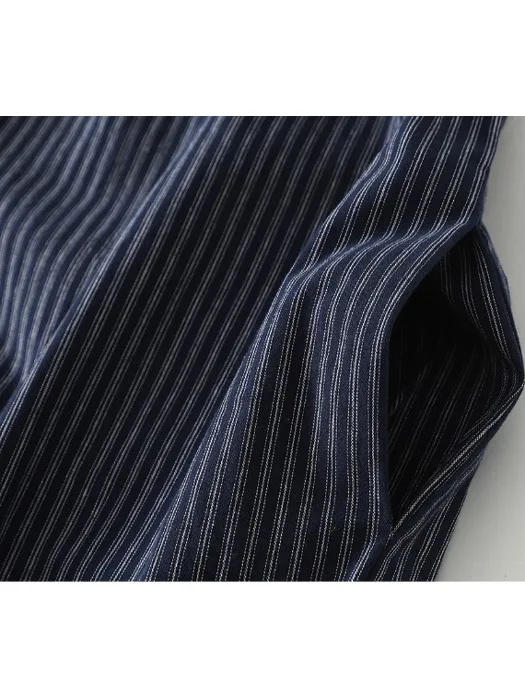 กางเกงเอี๊ยมผู้หญิงลายทางสีน้ำเงินสไตล์เกาหลีทรงหลวมขาบานเอวสูงแบบลำลองความยาวเก้าส่วน