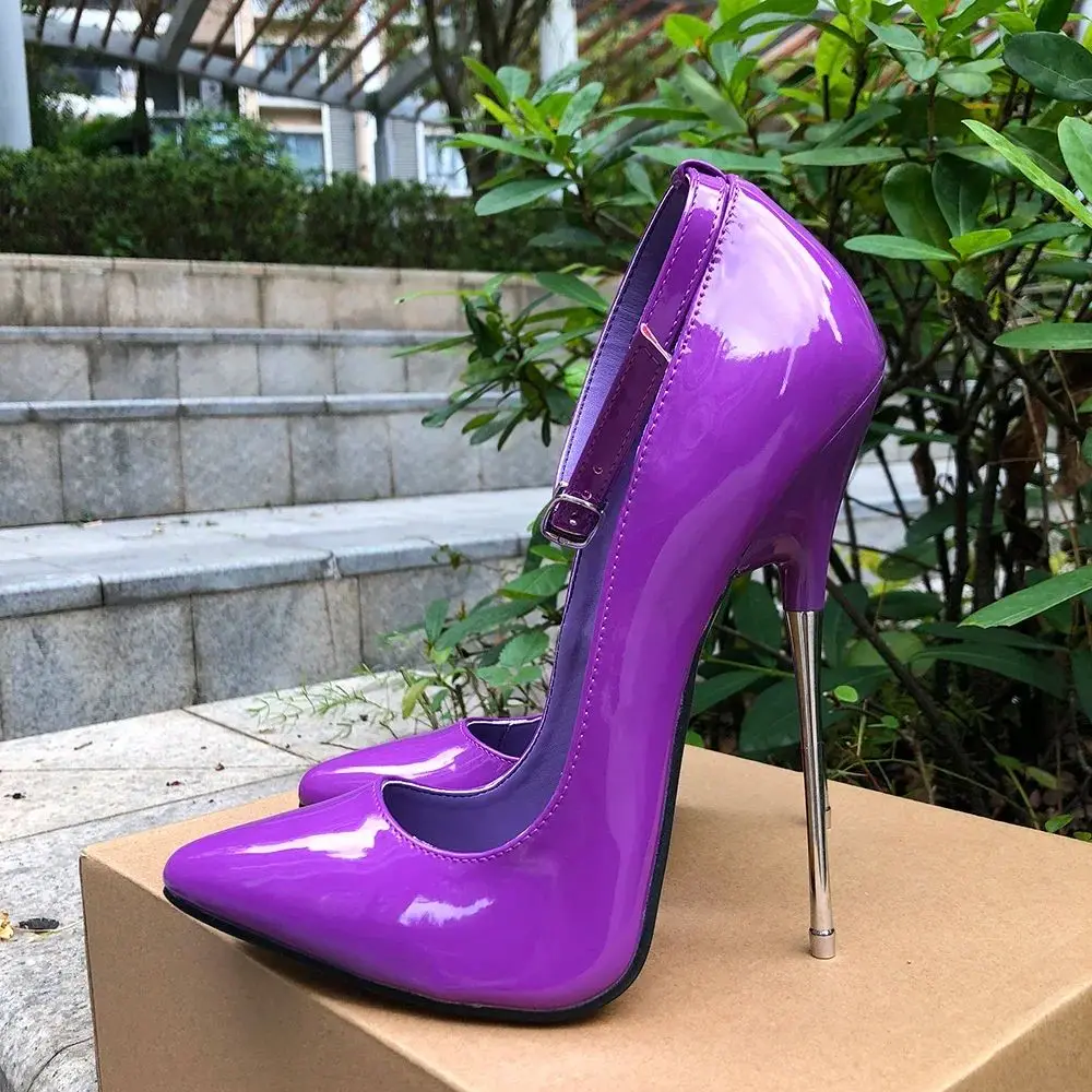 

16cm Extreme Metal High Heels Purple Stilettos Sexy Pumps Fetish Ankle Strap SM Man Model Unisex Shoes Crossdresser Customized