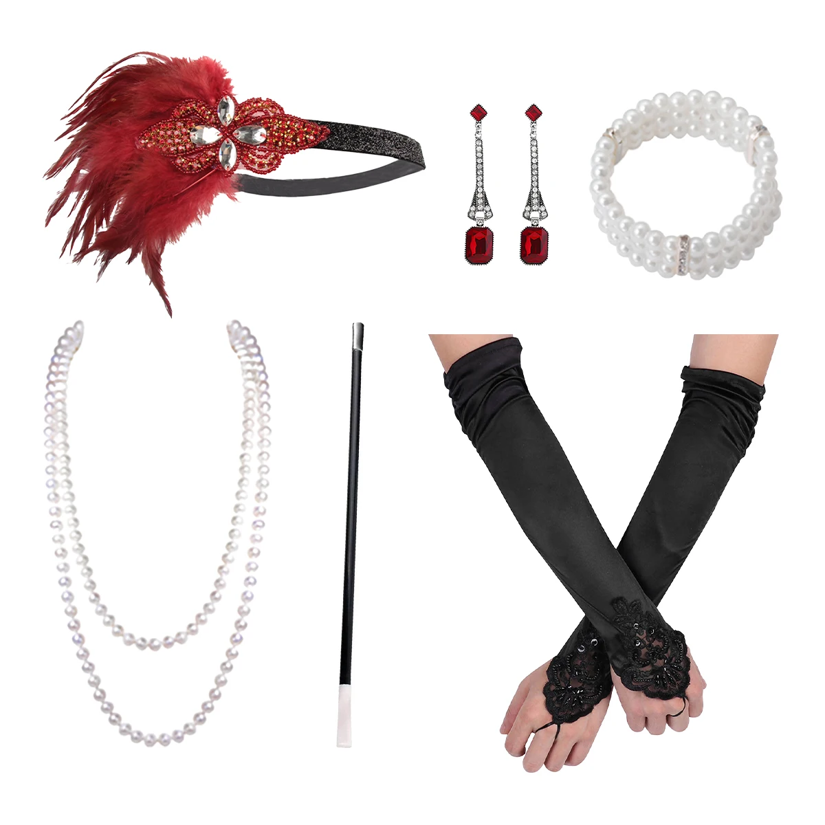 PESENAR 6Pcs 1920s Gatsby Flapper Costume Accessories Set Red Feather Headband Pearl Necklace Gloves Earrings Cigarette Holder