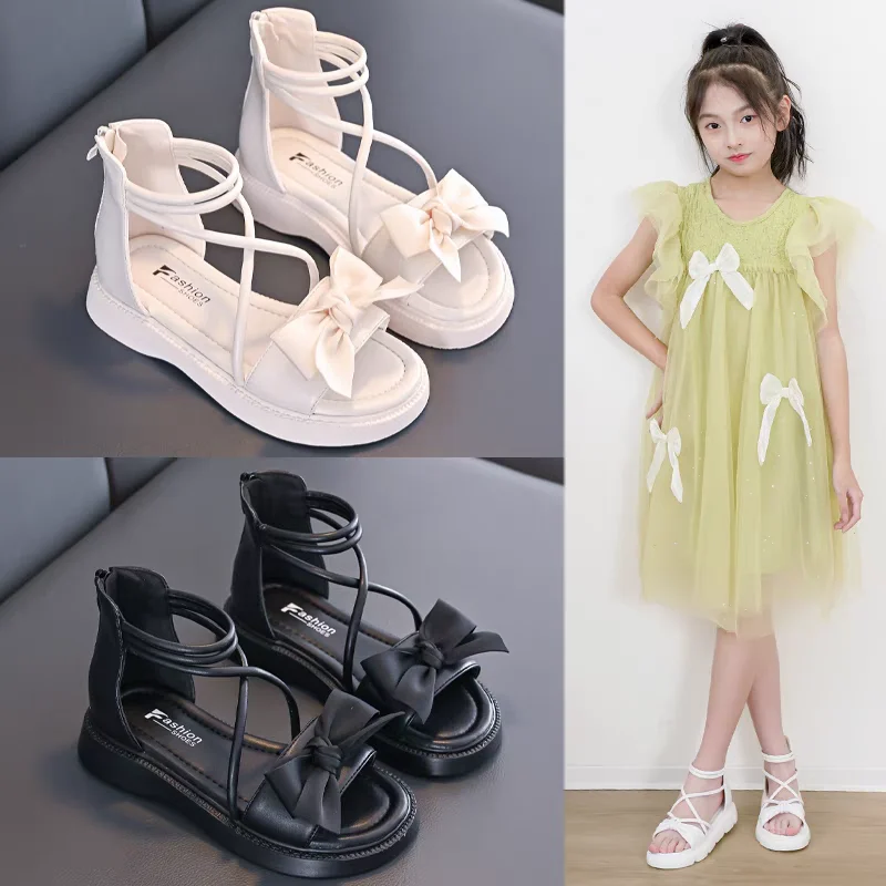 

Детские высокие сандалии для девочек с милым бантом, новинка лета 2026, с ремешками, нескользящие, в простом стиле бохо, римские сандалии для девочек