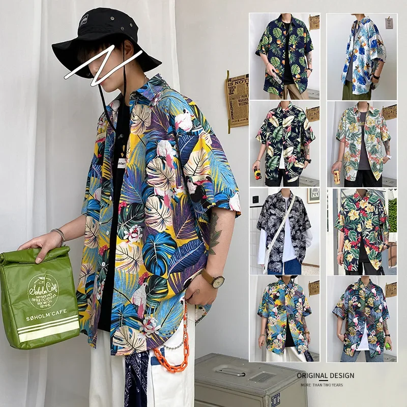 

Summer New Mens Loose Short Sleeve Flower Shirt Hawaiian Beach Flower Trend Shirt for Men