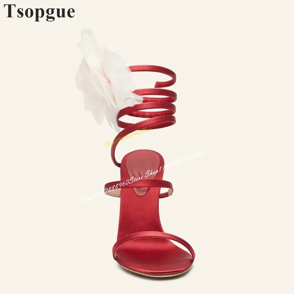 Red Serpentine Twine Strap Flower Decor Sandals Thin High Heel Women Shoes Twine Strap Open Toe 2024 Fashion Zapatos Para Mujere