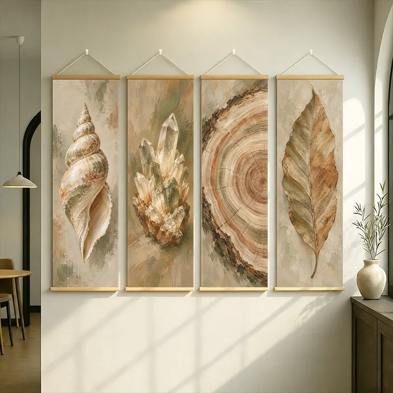 Seashell Crystals Agate Rings and Golden Leaf Hanging Scroll with Muted Natural History Illustrations for a Home Office