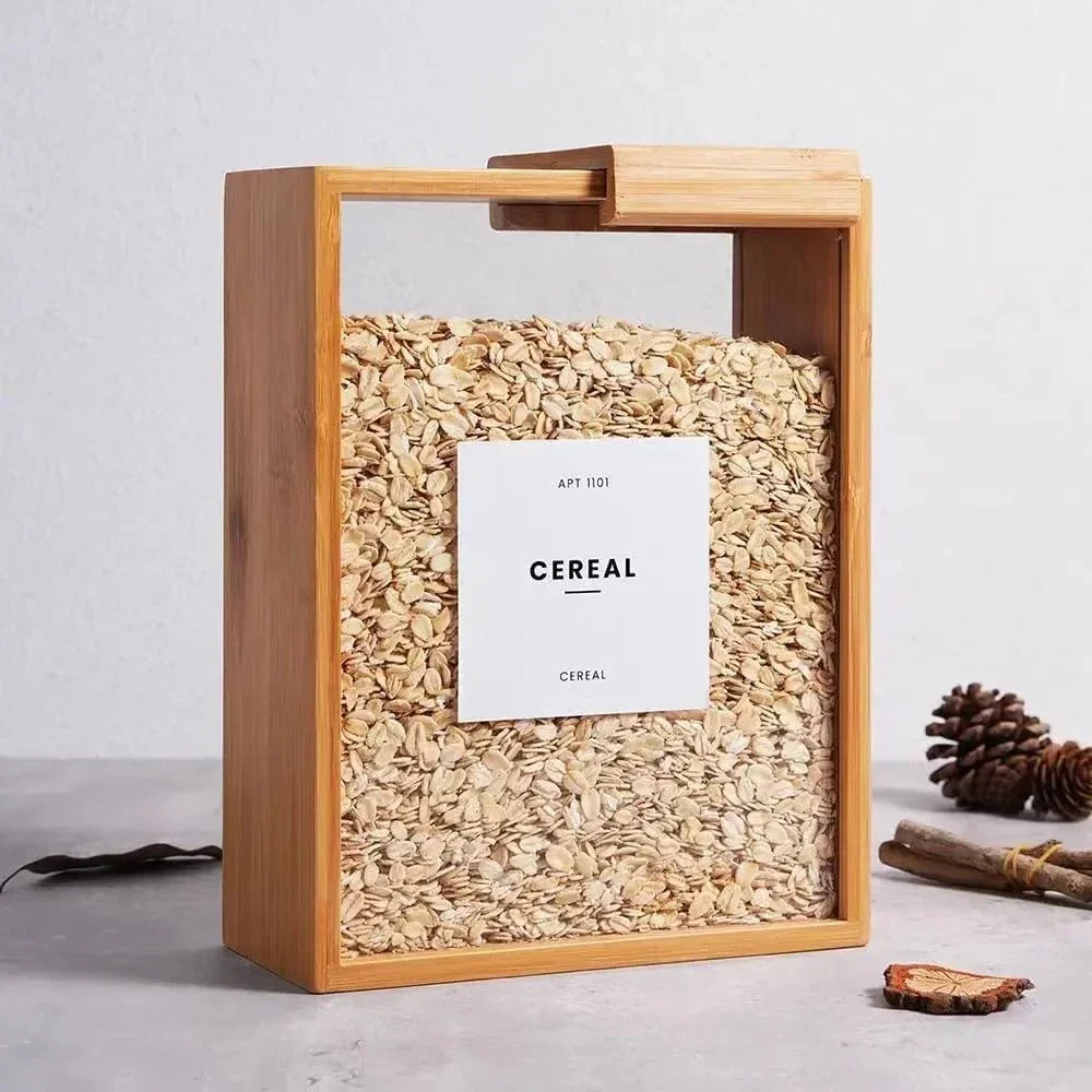 Nueva caja creativa de almacenamiento de alimentos, barril de almacenamiento de cereales y avena de cocina de madera, dispensador de granos de madera de bambú, organización de almacenamiento de alimentos