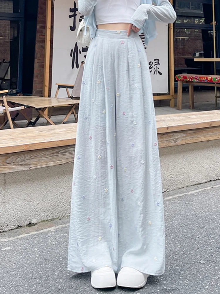Estilo preguiçoso flor bordado casual linho calças de perna larga para as mulheres 2025 verão novo solto emagrecimento calças de perna reta