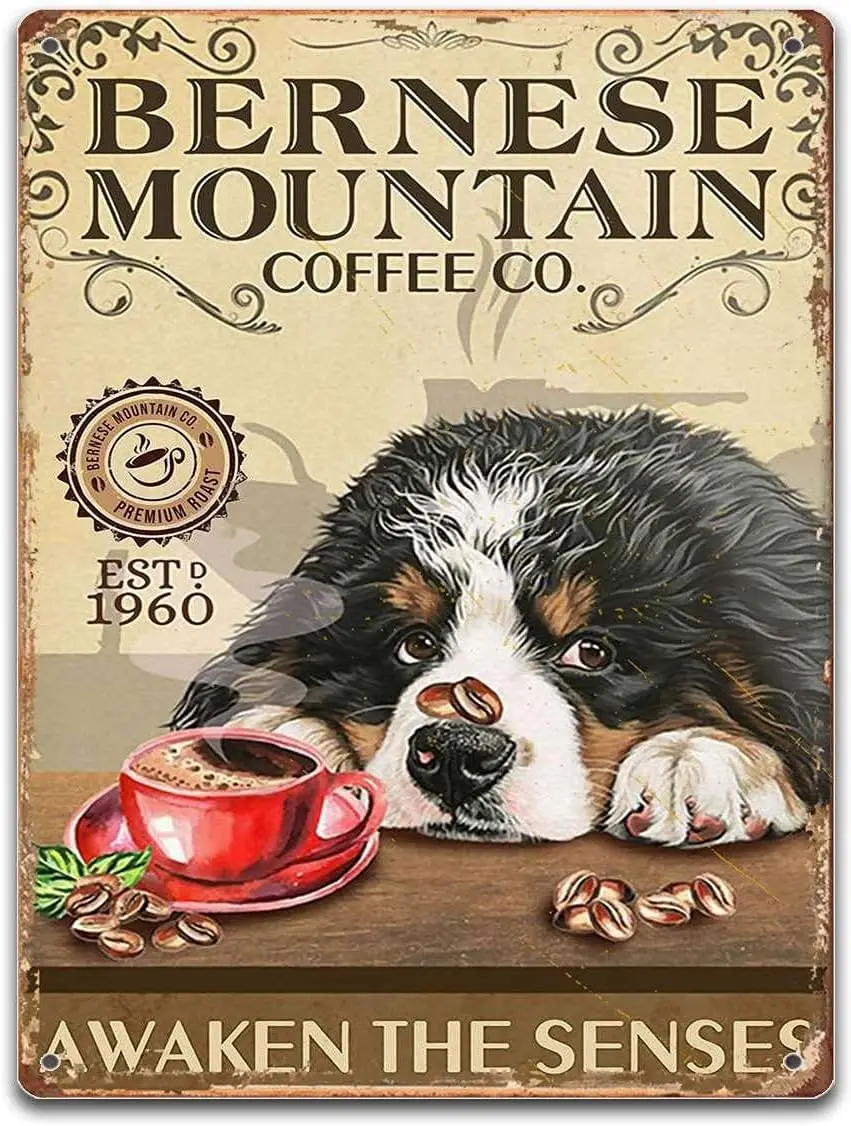 Bernese Mountain Dog Coffee Company Poster Wall Art Home Decor Dog Lovers Poster Print Vintage Metal Tin Sign Wall Art 12x8inch