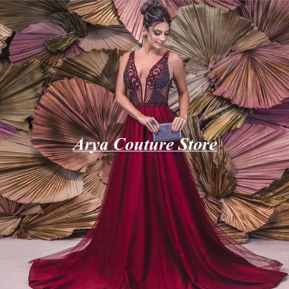 Sexy Burgundy Prom Dress Appliques A-Line Satin Party Gown Backless Floor Length Sweep Train Formal Evening Dresss Robes 2024