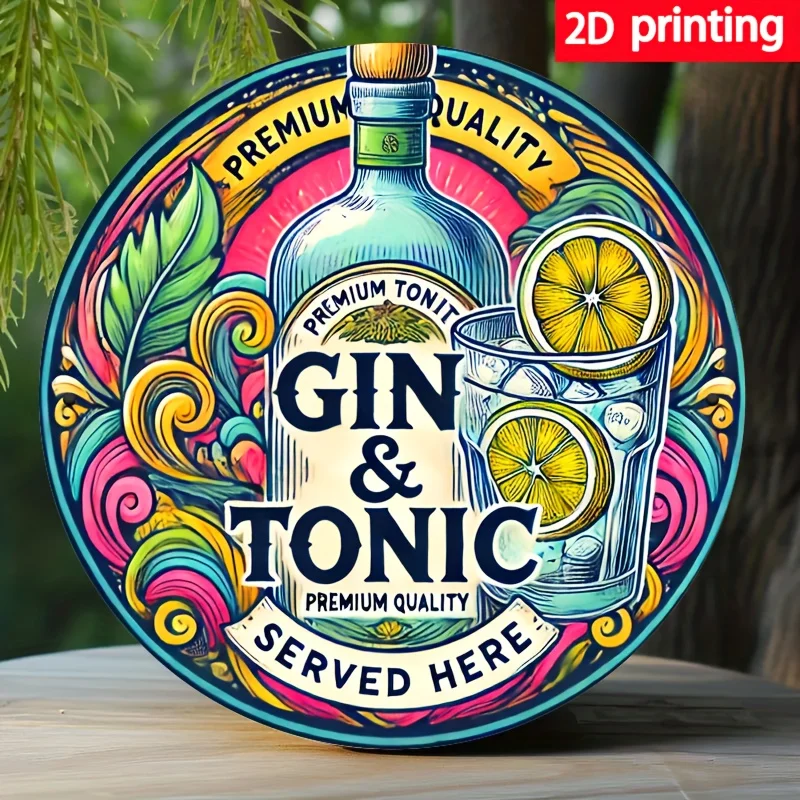 2D Flat, 2D Flat 1pc 2D Printing Metal Iron Gin & Tonic Wall Art, 7.87x7.87 Inches - Vibrant Roostertail Design with Lemon Slice