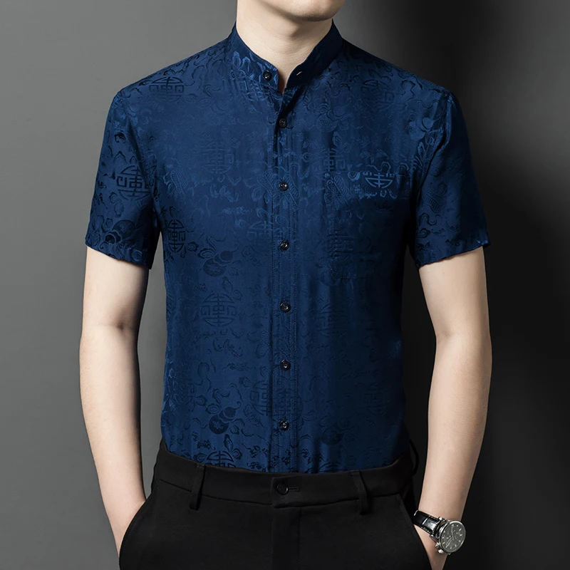 

Stand Collar Jacquard Silk Shirts For Men Short Sleeve Gentleman Summer Quality Easy Care Skin-Friendly Design Camisas De Hombre