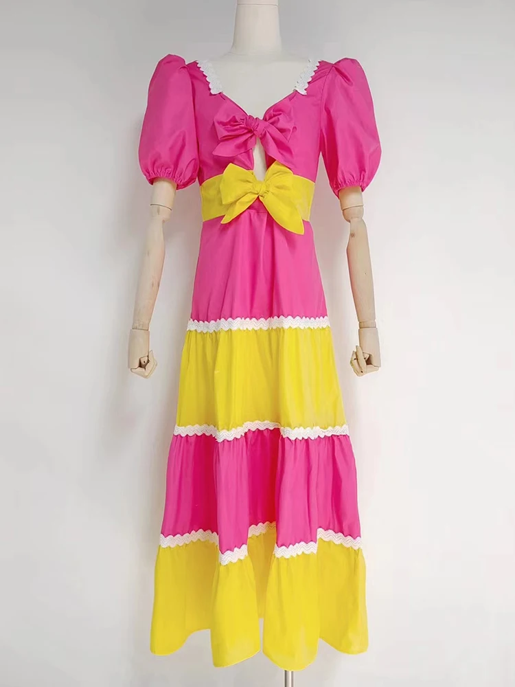 VGH-Robe à Découpes pour Femme, Col Carré, Manches Courtes Bouffantes, Taille Haute, Longueur au Sol, Style d'Été, 2025