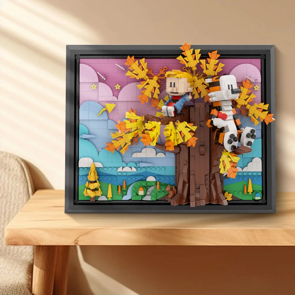MOC Calvined and Hobbes Building Block Anime Doll 3D Art Paintings Cartoon Tiger Action Figure Brick Toy Adult Gift For Kid