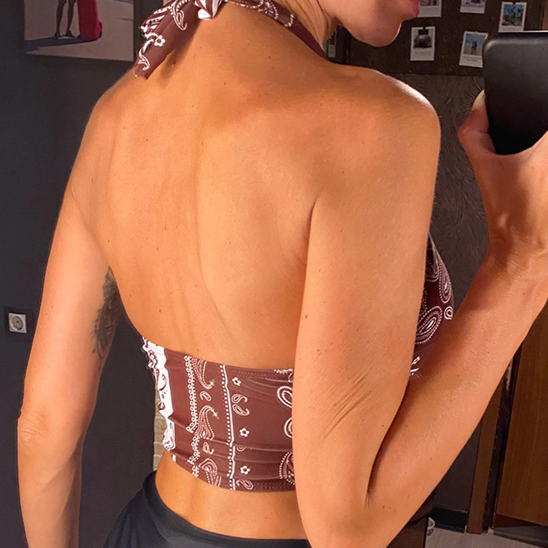 XS - L Sexy bedrucktes, gespleißtes Neckholder-Bikini-Oberteil mit Knoten, Damen-Badeanzug, Badebekleidung, Badeanzug, Strand-Oberteil V5817 – Detail 6