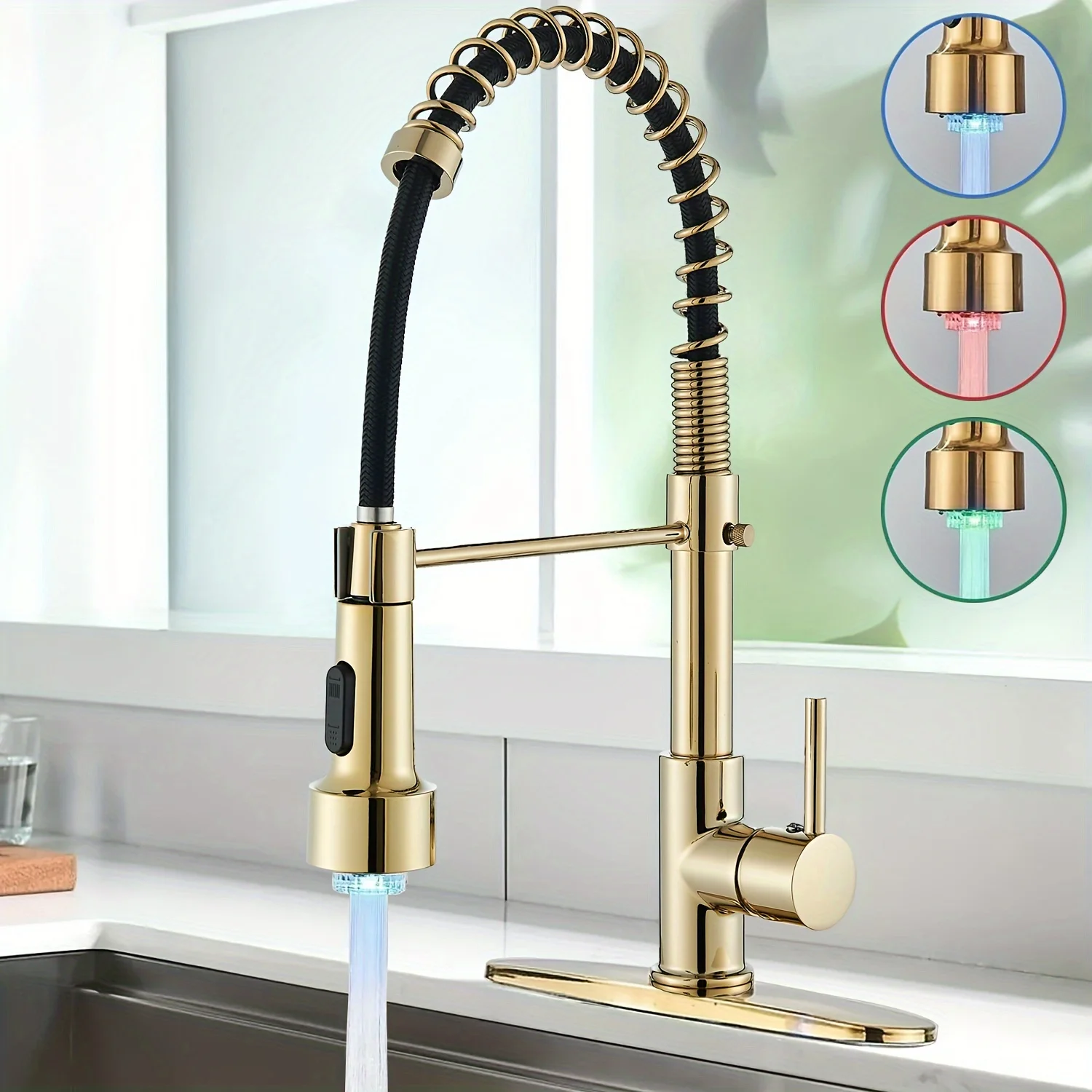 

1 Set Modern Kitchen Faucet with Spring LED Pull Down Sprayer, 360 Degree Rotation, Hot And Cold Water Mixer Sink Tap for Home And Balcony, Single Handle One Hole Commercial Kitchen Sink Faucet with Deck Plate, High Arc, Polished Golden
