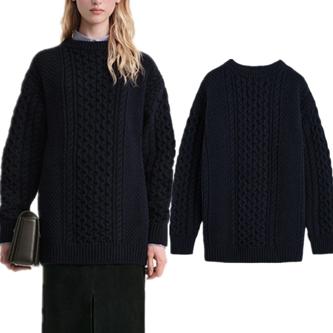 

Withered Minimalist Style Winter New Loose Round Neck Long Sleeved Knitwear Nordic Retro Twisted Wool Sweater Women