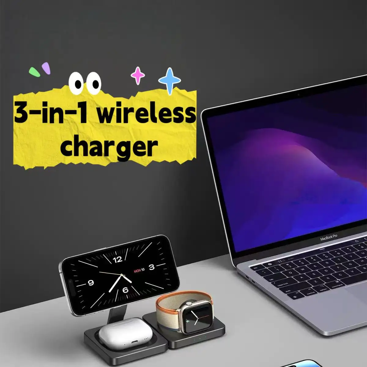 Foldable 3in1 Wireless Charger Fast Charging For iPhone AirPods Apple Watch Compact Design Safety