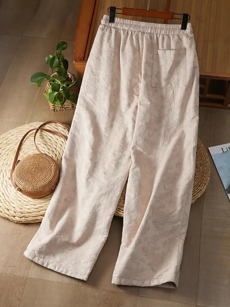 Vintage Jacquard Quilted Wide Leg Pants for Women 2024 New Winter Elastic Waist Mommy Harem Pants Thick Warm Outerwear Trousers