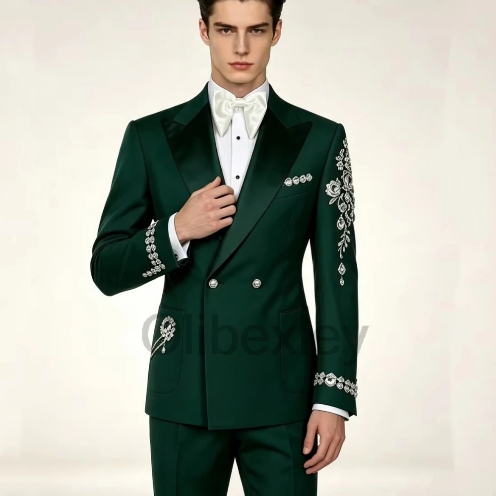 Olibexley Casual Diamond Suit Male 2 Pcs Sparkling Crystal Prom Tuxedo Double Breasted Blazer Pants Ropa Hombre Customized S389