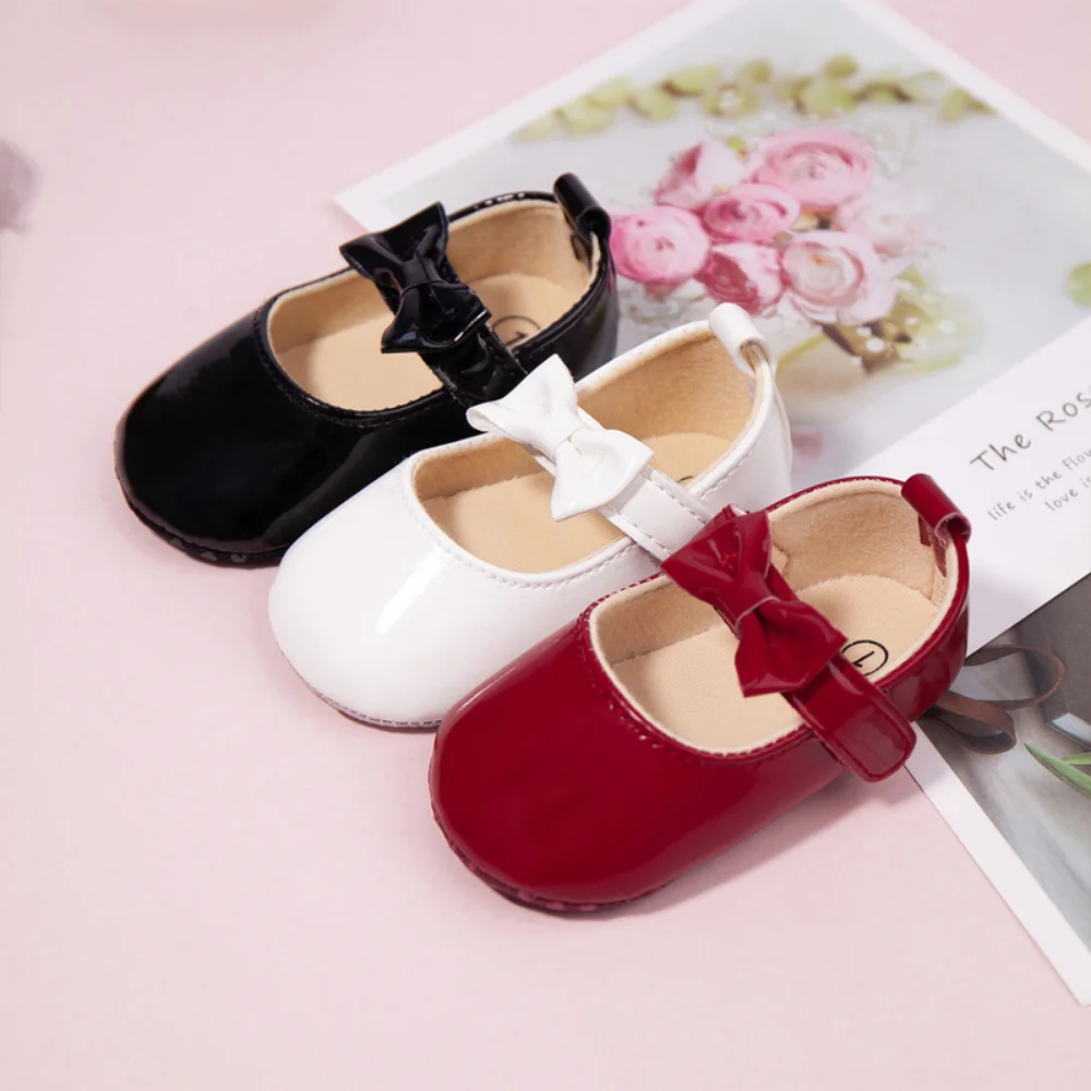 Newborn Baby Shoes Baby Boy Girl Shoes Girl Classic Bowknot Rubber Sole Anti-slip PU Dress Shoes First Walker Toddler Crib Shoes