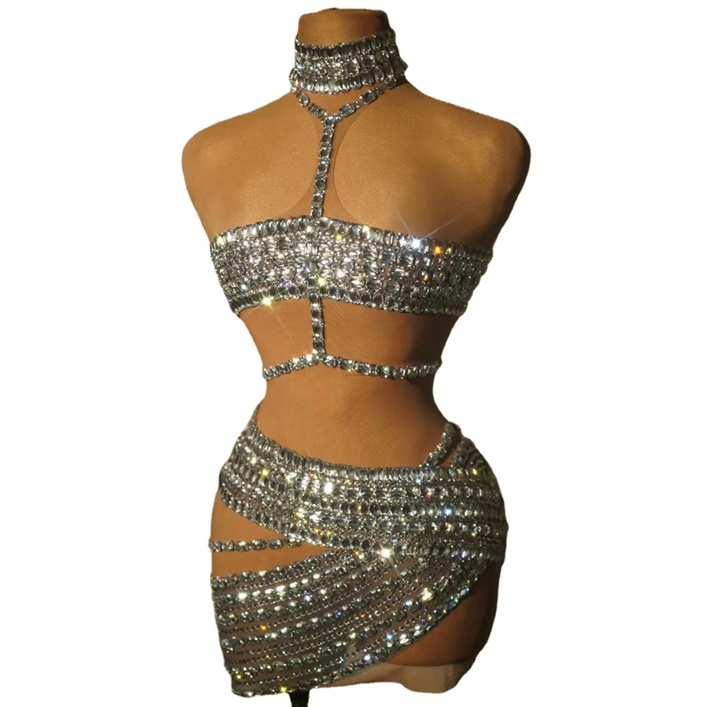 Sparkly Diamonds Sleeveless Short Dress for Women Sexy Mesh Party Celebrate Birthday Dress Photo Shoot Performance Stage Wear