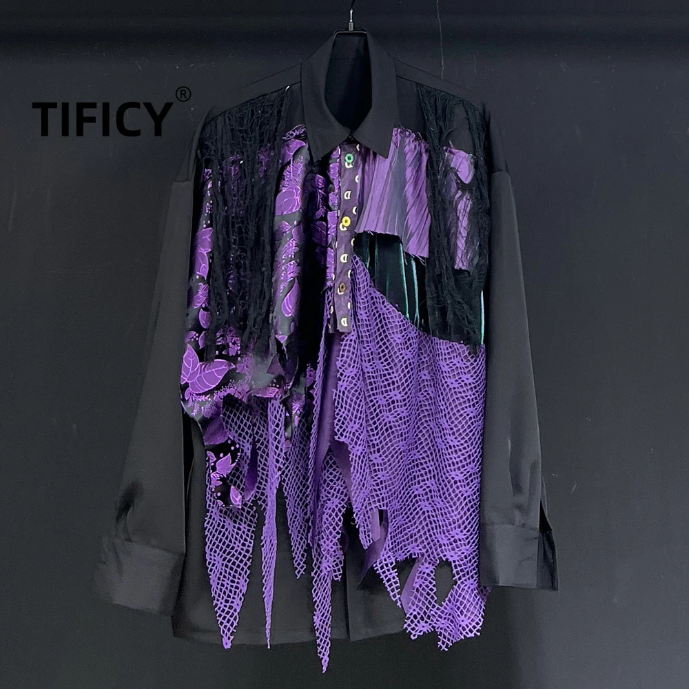 High Street Shirts Men's New Purple Patchwork Loose Casual Long Sleeved Streetwear Fashion Shirt Men Clothing