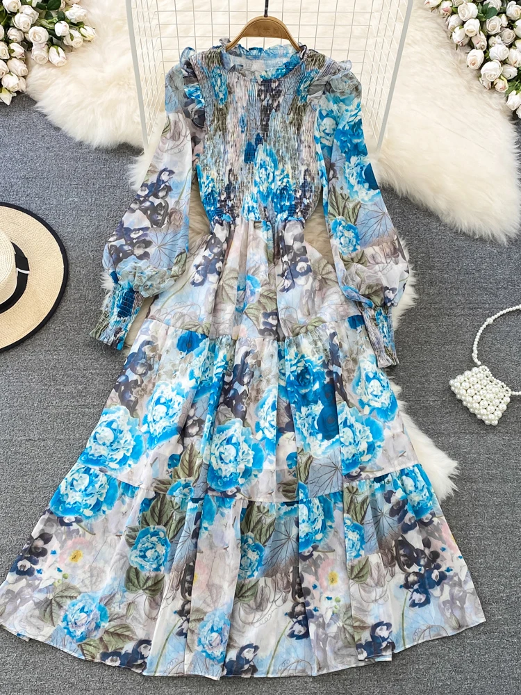 Autumn Vintage Women Floral Chiffon Midi Dress Elegant Ruffle Stand Collar Lantern Long Sleeve High Waist Big Swing Draped Robe