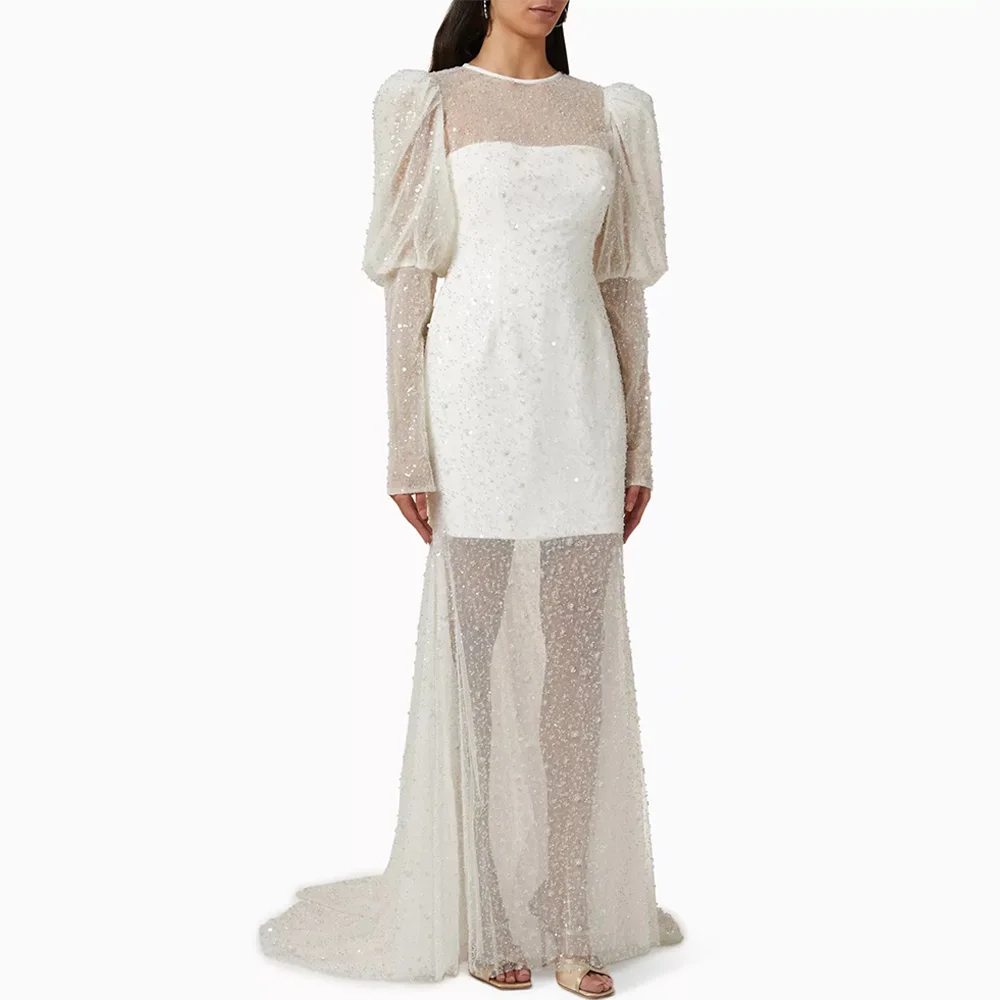 See Through Organza A-Line Customized Party Dress Simple O-Neck Long Sleeves Evening Dress Exquisite Sequined Vestido De Festa