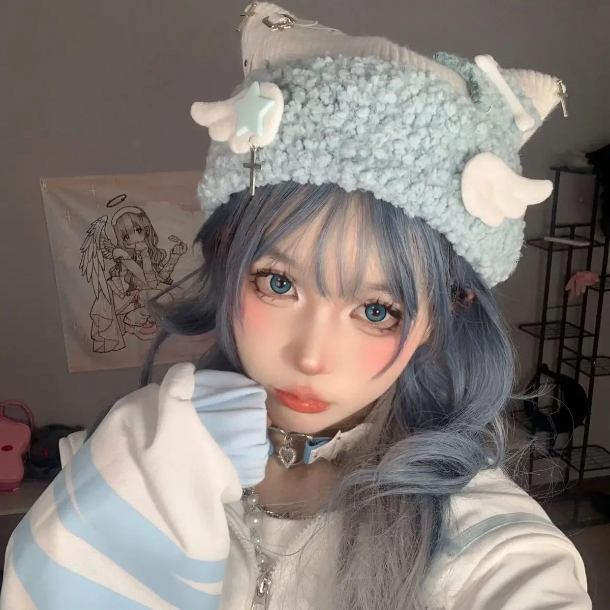 Japanese Sweet Subculture Women Y2k Girl Harajuku Gothic Lolita Blue Knit Hat Cat Ear Cat Ear Mine Series Cute Bomber Hat Winter