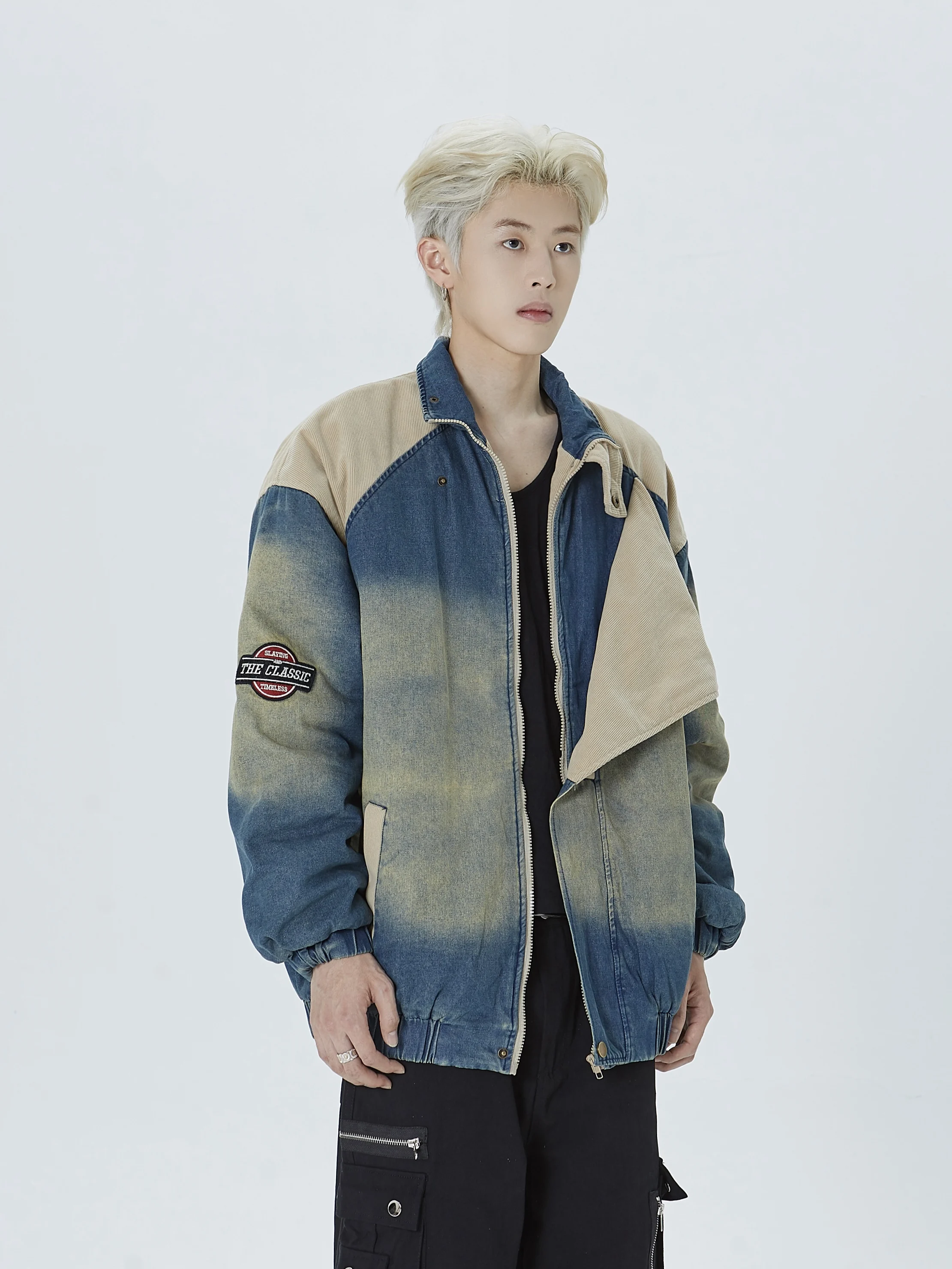 معطف RJEK الأمريكي غير الرسمي المرقعة ذو وظيفة عتيقة مطرزة من قماش الدنيم القطني Jaet Youth ulari فضفاض مناسب