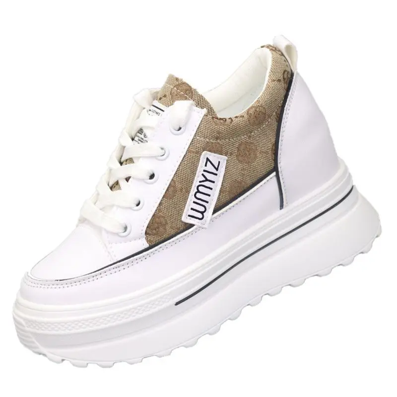 Colorblock Small Height Women Versatile Casual and Lightweight Sneakers Super High Heel Comfortable round Toe White Shoes